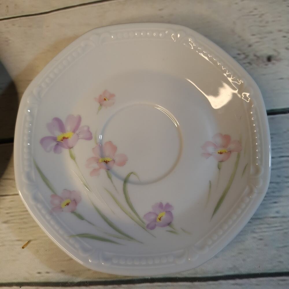 Mitterteich 2 Vintage 5 3/4" Saucers Octagon Shape Purple Pink Flowers